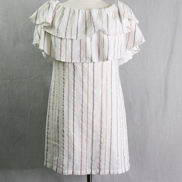 Charles Henry Off Shoulder Dress M White & Metallic Stripe Ruffle Popover Summer - Picture 3 of 16